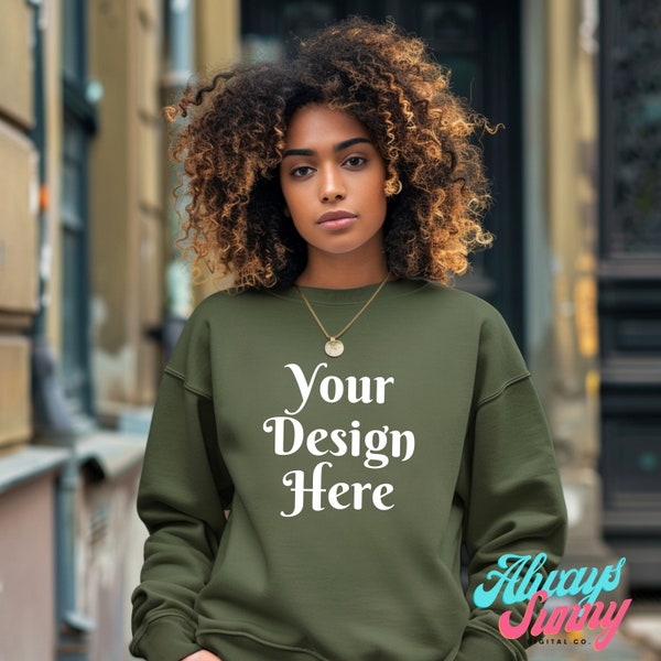 18000 Mockup Military Green, G180 Green Crewneck Mock-up, Model Mock, Casual Everyday Minimalist PNG Digital Download