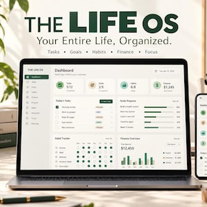 May include: A laptop and a smartphone displaying a digital dashboard titled THE LIFE OS. The screen shows sections for tasks, goals, habits, finance, and focus with progress bars, checklists, and financial charts in a clean, light-colored interface.