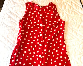 First Focus red button up 80s tank dress/tunic white polka dots, with elastic cinch clip size 7/8