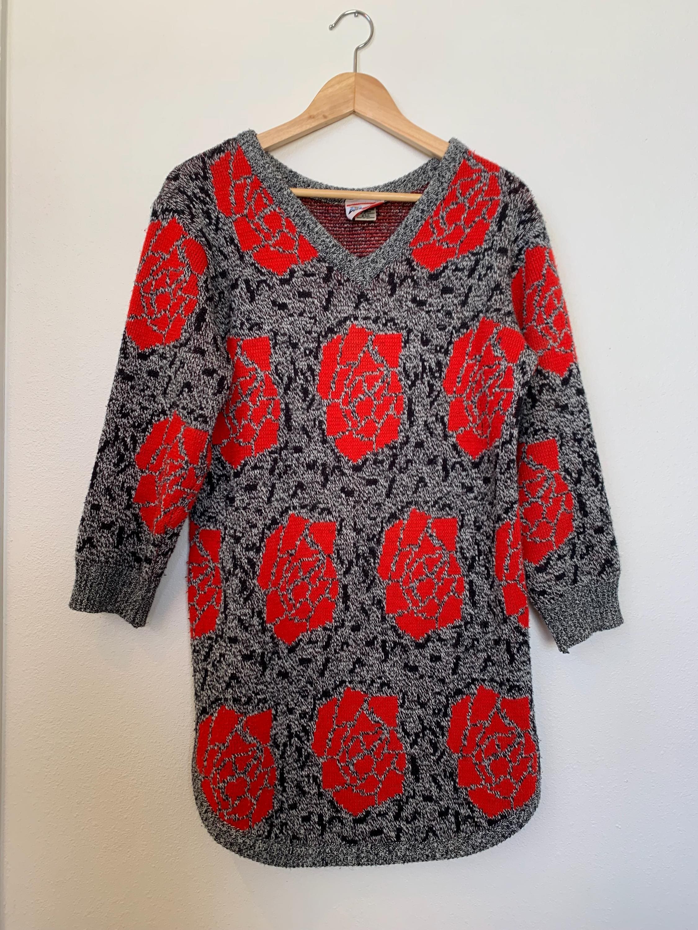 Contempo Casuals long Sweater tunic Dress - red rose floral on black and white heather size Medium