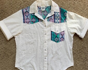80s white button up with blue and pink southwest print accent. Size Med. Tap & Co. brand
