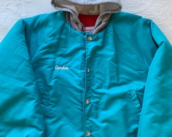 vintage 90s teal nylon sportswear bomber jacket with snaps - quilt lined in red, striped sleeves