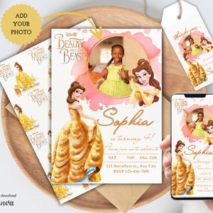 Personalized Belle Birthday Photo Invitation and Favor Tag Template, Editable Digital Invitation for Kids, Birthday Invitation for girls