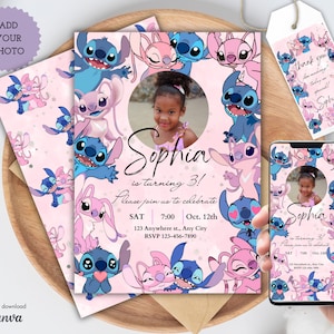 Personalized Stitch and Angel Birthday Party Invitation with photo & Favor Tag Template, Lilo and Stitch Birthday Card, Stitch and Angel