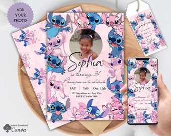 Personalized Stitch and Angel Birthday Party Invitation with photo & Favor Tag Template, Lilo and Stitch Birthday Card, Stitch and Angel