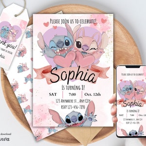 Personalized Stitch and Angel Birthday Party Invitation & Favor Tag Template, Birthday Card, Angel Invitation for Girls Party