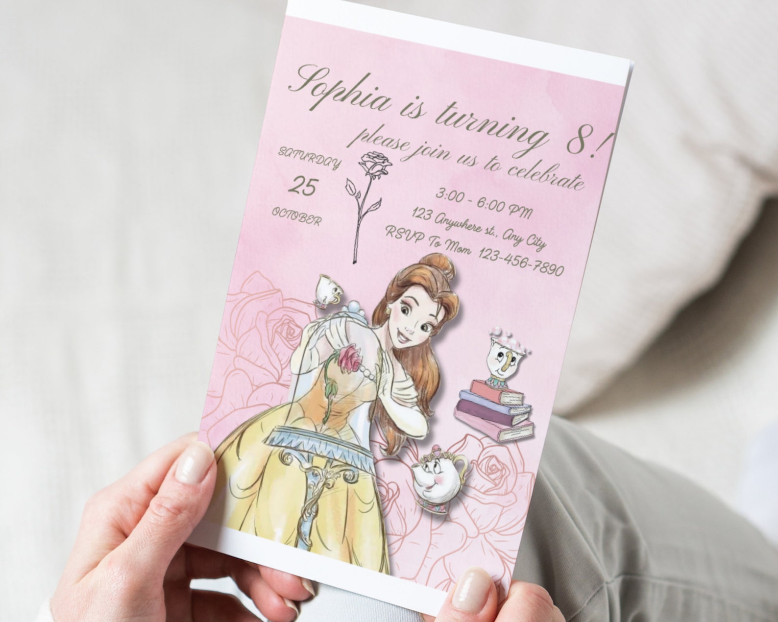 Printable Belle Birthday Invitation and Favor Tag Template, Editable ...