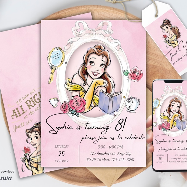 Personalized Belle Birthday Invitation and Favor Tag Template, Girl Editable Invite Template, Castle Printable Invitation