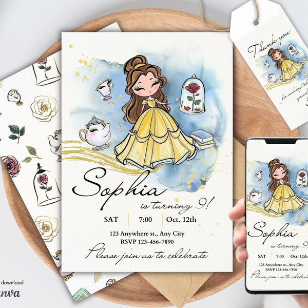 Personalized Belle Birthday Invitation and Favor Tag Template, Editable Digital Invitation for Kids, First Birthday Invitation for girls