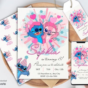 Personalized Stitch and Angel Birthday Party Invitation & Favor Tag Template, Birthday Card, Angel Invitation for kids