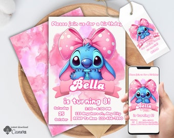 Personalized Stitch and Angel Birthday Party Invitation & Favor Tag Template,Birthday Card, Stitch Invitation for kids