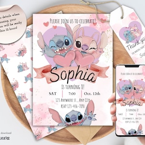 Stitch Birthday Party Invitation, Pink Stitch Birthday Template Editable,  Stitch Thank You Card, Stitch Welcome Sign -  Finland