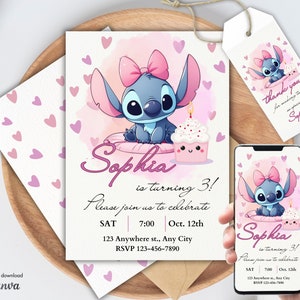 Personalized Stitch and Angel Birthday Party Invitation & Favor Tag Template, Birthday Card, Angel Invitation for kids