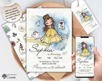 Personalized Belle Birthday Invitation and Favor Tag Template, Editable Digital Invitation for Kids, First Birthday Invitation for girls