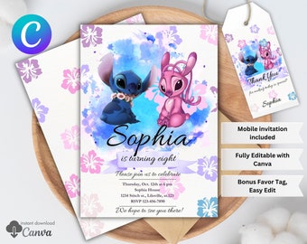 Personalized Stitch Birthday Invitation & Favor Tag, Birtday Invitation Kids, Stitch Theme Birthday Card, Fully Editable with Canva