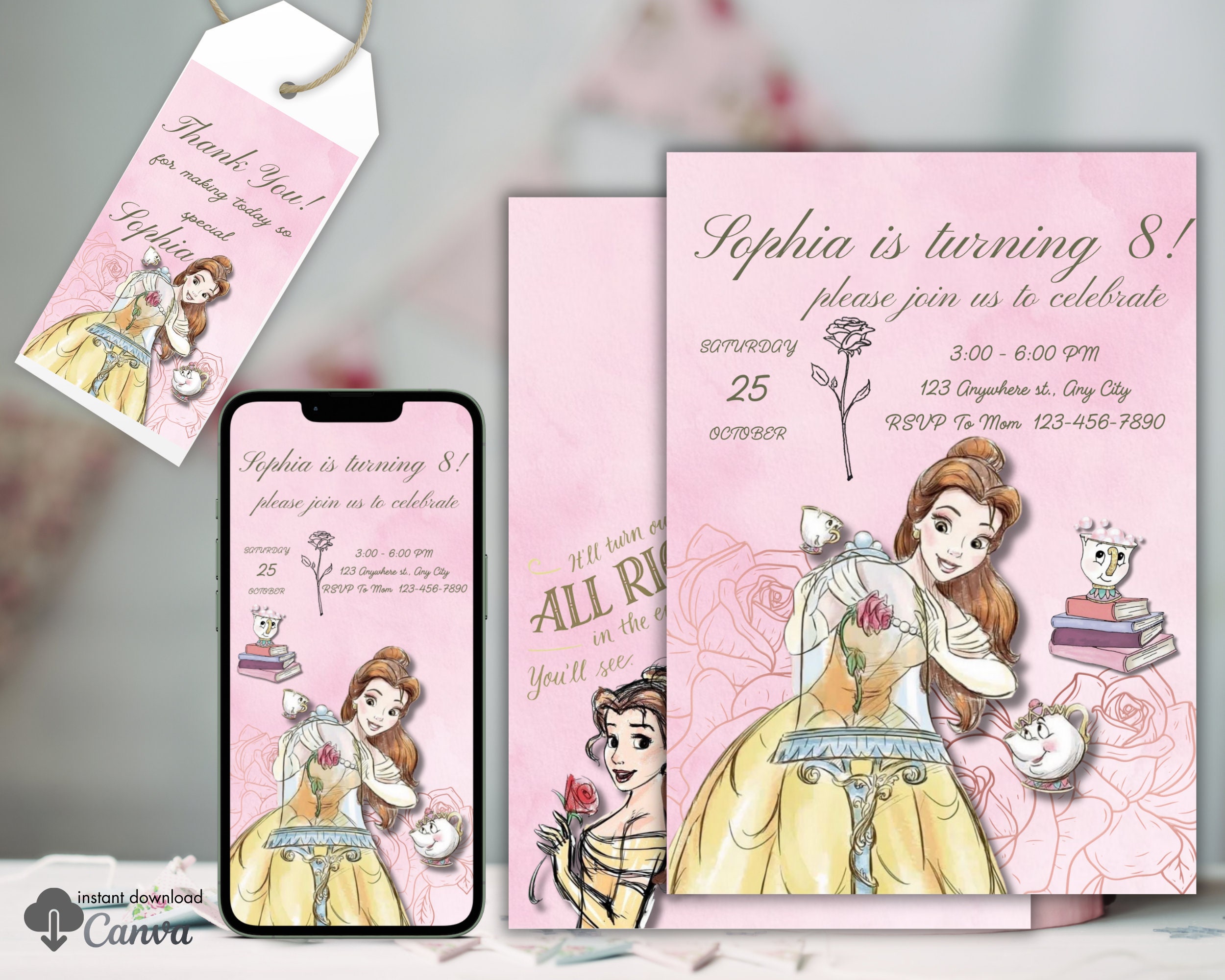 Printable Belle Birthday Invitation and Favor Tag Template, Editable ...