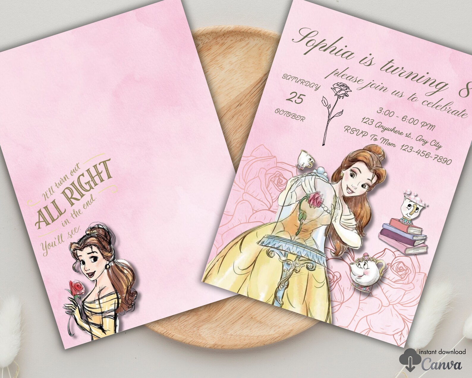 Printable Belle Birthday Invitation and Favor Tag Template, Editable ...