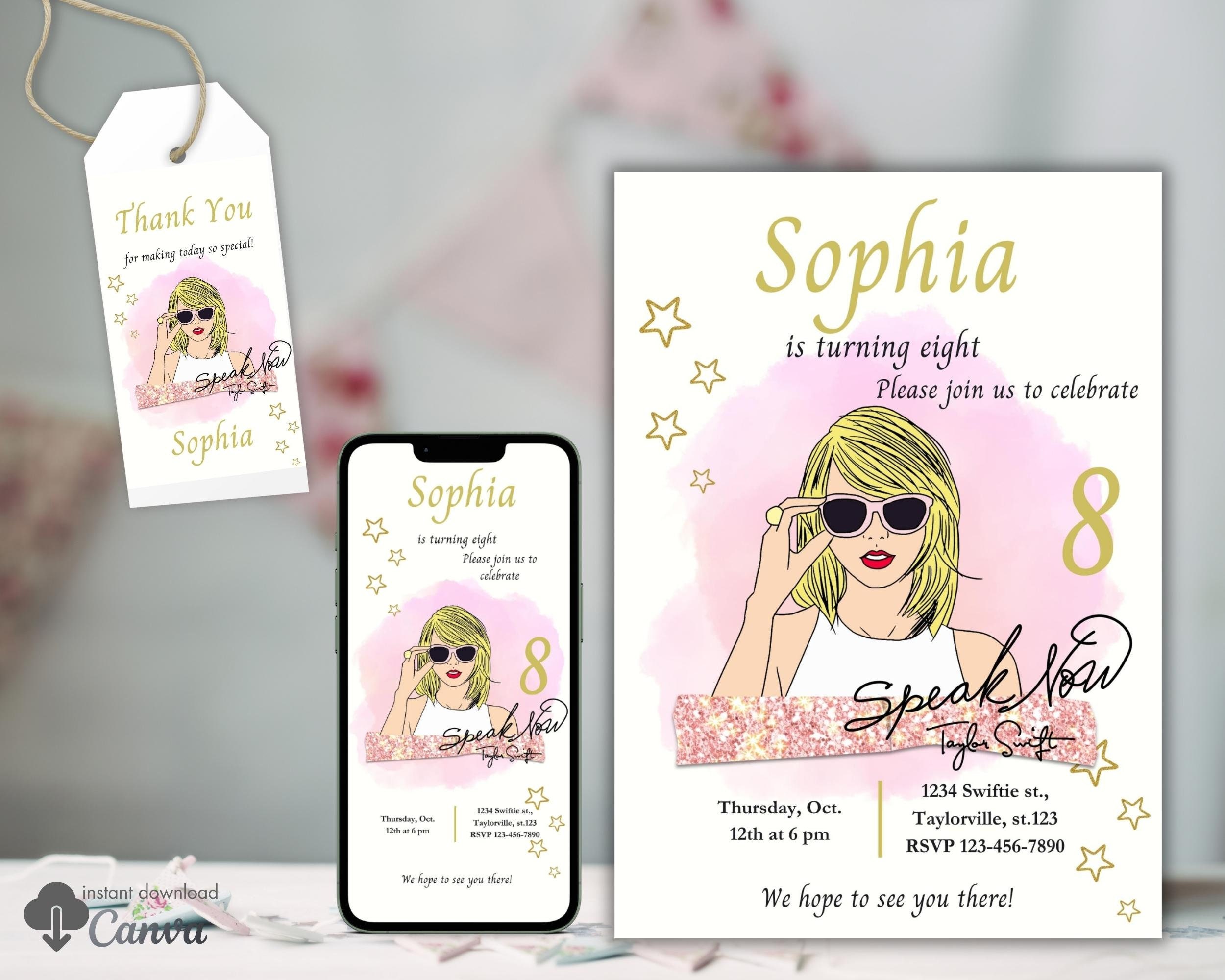 Personalized Taylor Swift Birthday Party Invitation, Favor Tag