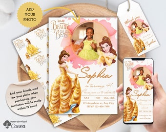 Personalized Belle Birthday Photo Invitation and Favor Tag Template, Editable Digital Invitation for Kids, Birthday Invitation for girls