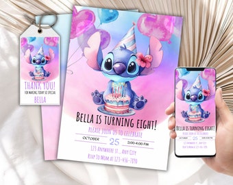 Bewerkbare Stitch verjaardagsuitnodiging en gunst tag sjabloon, Canva bewerkbare verjaardagsuitnodiging, Lilo Stitch Angel verjaardagsuitnodiging voor feest