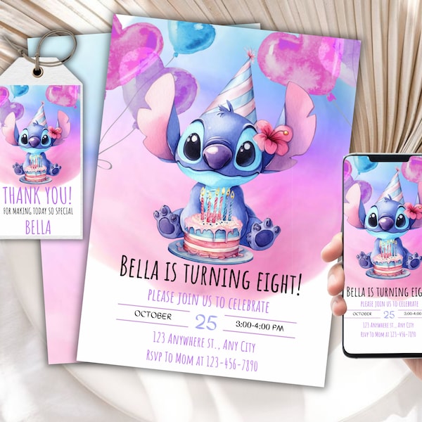 Invito di compleanno modificabile Stitch e modello di etichetta di favore, invito di compleanno modificabile Canva, invito alla festa di compleanno di Lilo Stitch Angel