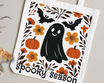 Floral Halloween Geist Tote Bag, Kürbis Canvas Tasche
