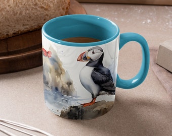 Cute puffin and Butterfly design ceramic mug, Adorable Seabird mug, Bird mug for nature lovers, Cute bird themed coffee cup, 11oz / 15oz