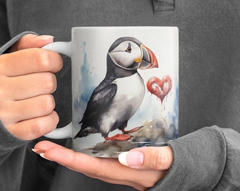 Cute puffin and heart design ceramic mug, Adorable Seabird mug, Bird mug for nature lovers, Cute bird themed coffee cup, 11oz / 15oz