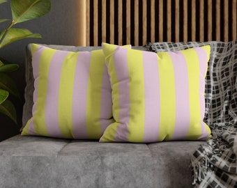 Taie d'oreiller carrée en polyester filé à rayures roses et jaunes