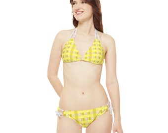 Gelbes floral kariertes Riemchen Bikini Set (AOP)