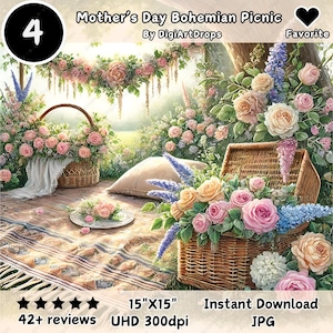 Picnic bohemio para el Día de la Madre: 4 archivos JPG de alta calidad, álbum de recortes, planificador digital, sublimación, arte mural, creación de tarjetas, papel digital, diario basura