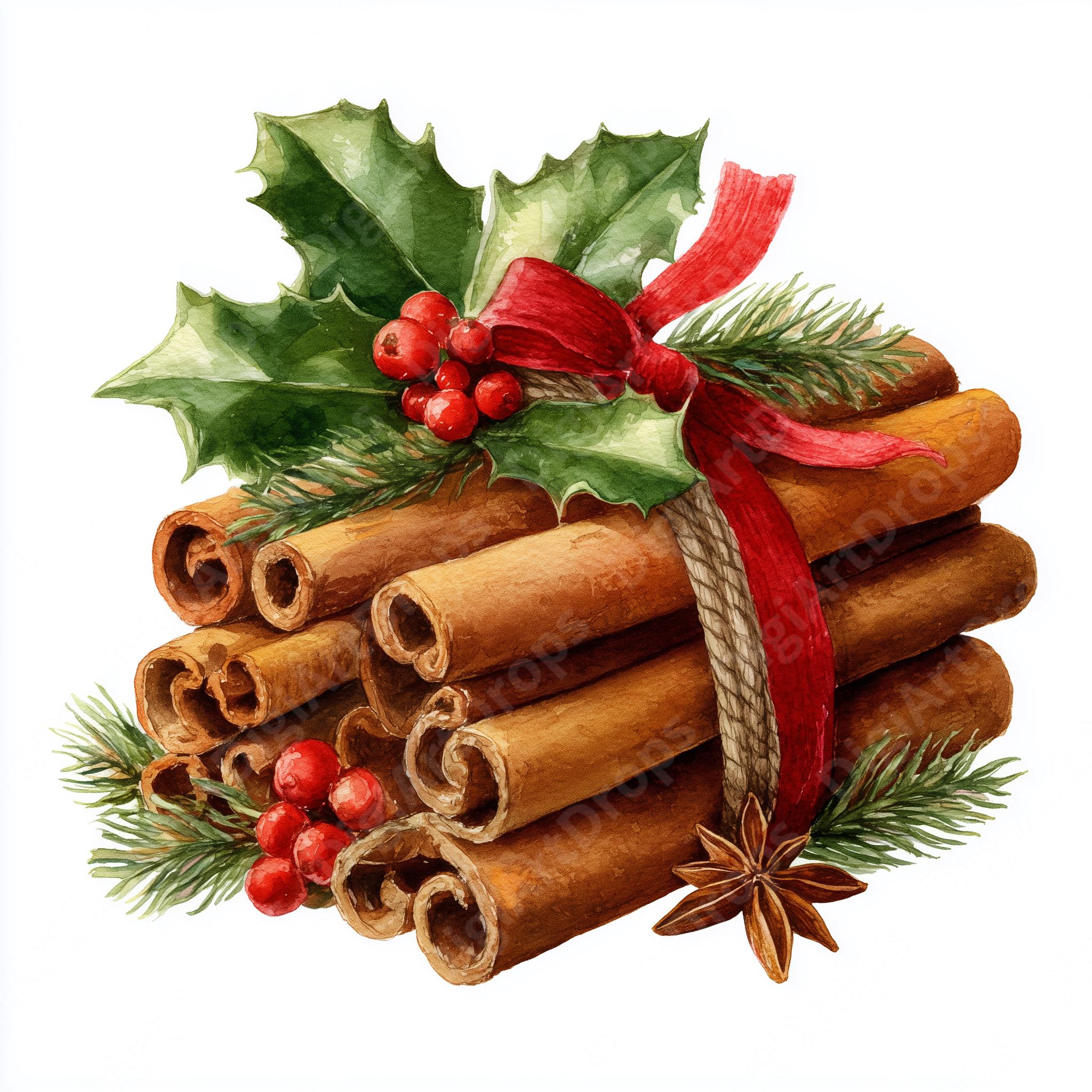 Spises Ribbon Cinnamon Sticks Clipart: Christmas Watercolor Spices With Holly ...