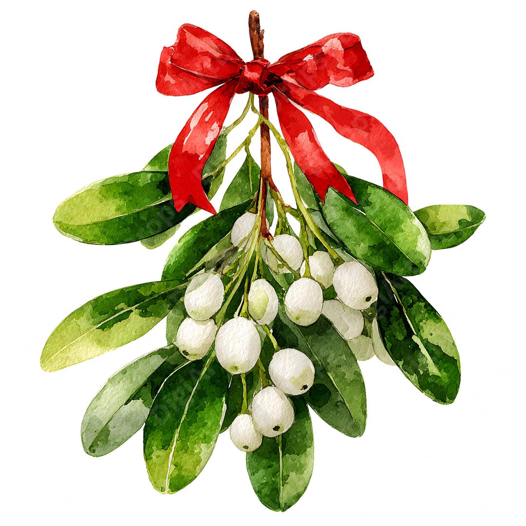 Watercolor Mistletoe Clipart - Christmas Greenery, Red Bow, White ...