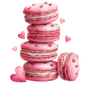 Op de afbeelding: Waterverfillustratie van een stapel roze macarons met witte vulling en kleine rode hartdecoraties. Verschillende losse hartvormen zijn rond de stapel verspreid, wat een romantisch en zoet thema creëert.