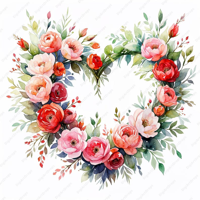 Floral Heart Wreath Clipart: Watercolor Flower Designs (digital ...