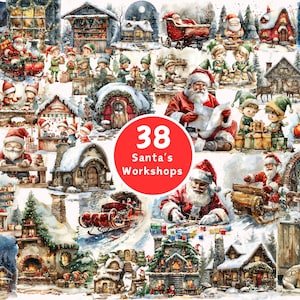 Könnte beinhalten: Eine Aquarell-Illustration von 38 verschiedenen Weihnachtswerkstätten, jede mit einem einzigartigen Design und festlichen Details. Die Illustration zeigt Elfen, Rentiere und andere Weihnachtsfiguren.