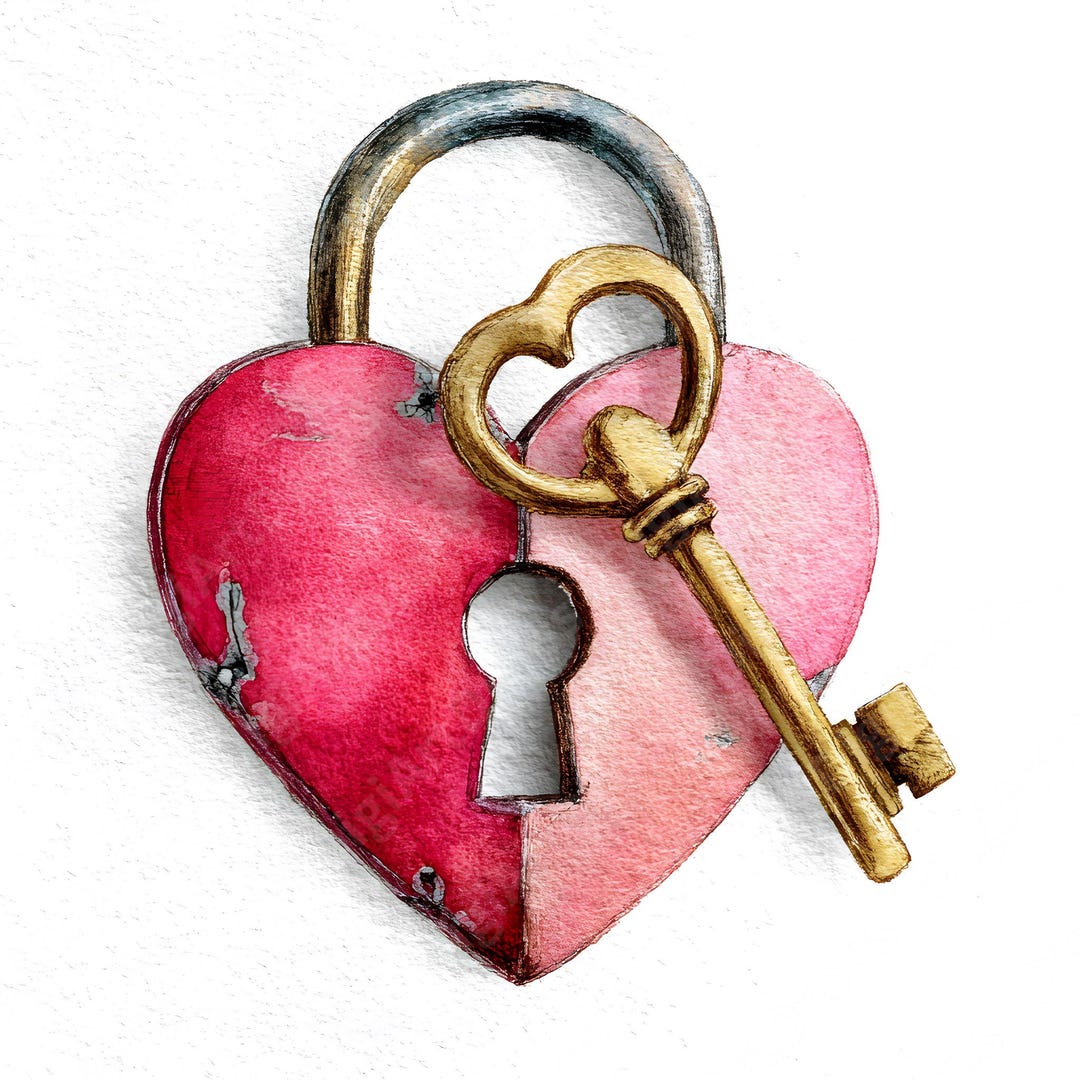 Watercolor Heart Lock & Key Clipart – Red and Gold (digital Download ...