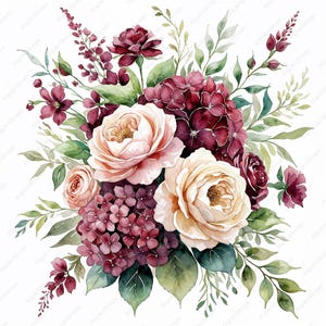 May include: A watercolor painting of a bouquet of flowers. The bouquet includes pink and white roses, burgundy hydrangeas, and other foliage. The flowers are arranged in a loose, natural style.