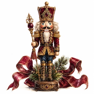 May include: A decorative nutcracker figurine wearing a deep red and gold uniform with a matching crown. The figure holds a tall gold scepter, features a white beard, and stands on a circular base surrounded by green pine branches and red ribbon.