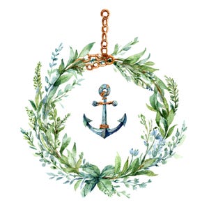 Aquarell Anker Kranz: Nautisch Grün Blau Rost (Digitaler Download)