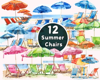 Watercolor Summer Umbrellas & Chairs Clipart: Beach Designs (Digital Download)