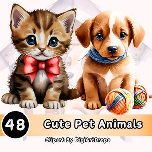 Cute Pets Clipart Bundle 48 Furry Companions Puppy Kitten Bunny Parakeet Hamster Goldfish Digital Art for Kids Decor Invitations Crafts