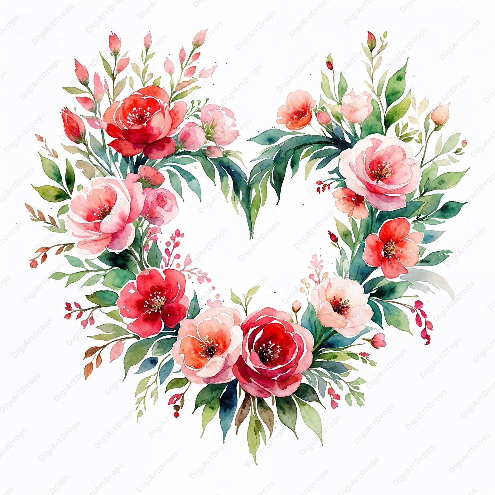 Floral Heart Wreath Clipart: Watercolor Flower Designs (digital ...
