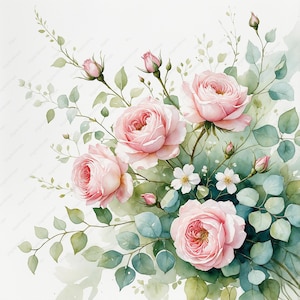 10 Clipart di rose rosa acquerellate in formato JPG - Foglie di eucalipto e rametti floreali - Inviti di nozze e arte del diario