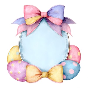 Peut inclure: Illustration à l'aquarelle d'un design sur le thème de Pâques. Un cadre ovale bleu clair est entouré d'œufs de Pâques et de nœuds aux couleurs pastel. Les nœuds sont roses, jaunes et violets. Les œufs sont roses, jaunes et bleus avec des pois.