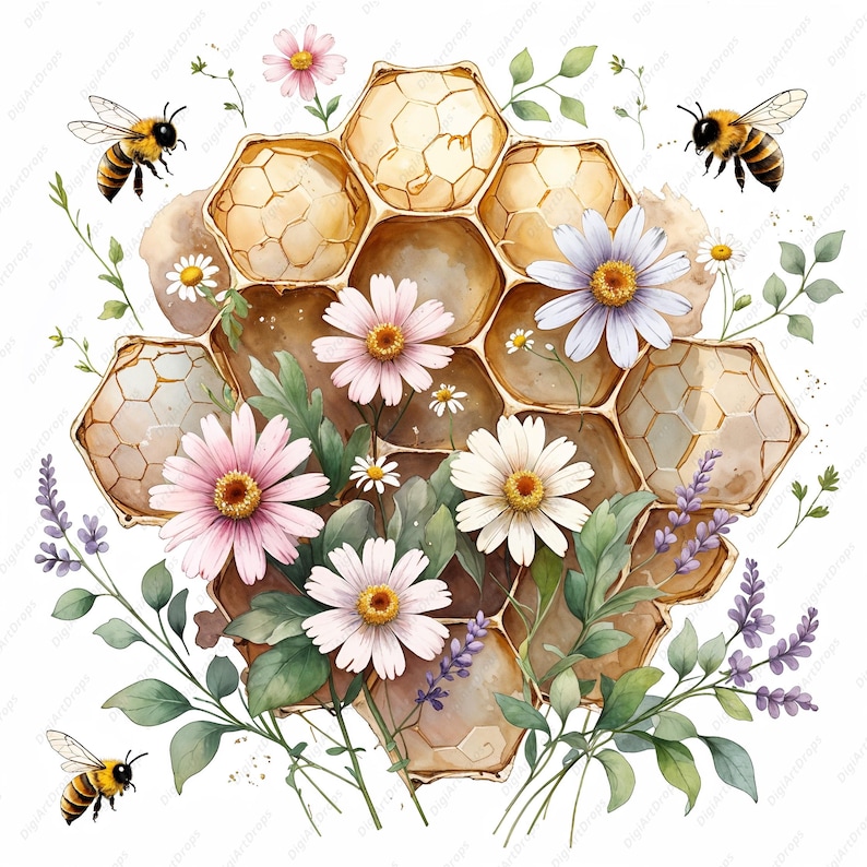 Honeycomb Clipart, Floral Bee Jpgs, Vintage Honey Art, Spring Flowers ...