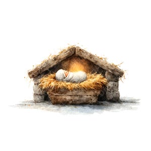 May include: Watercolor illustration of a baby wrapped in a white cloth, lying in a manger filled with hay. The manger is inside a rustic wooden structure with a thatched roof, evoking a sense of warmth and peace.