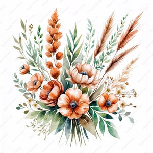 水彩画の花の羽のリースのクリップアート 10 JPG、素朴な結婚式の花の要素、セージの緑、テラコッタの花
