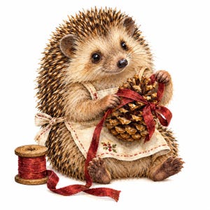 May include: A brown hedgehog wearing a cream-colored apron with a small holly print, holding a large brown pinecone tied with a red ribbon. A wooden spool of red ribbon sits to the left of the hedgehog against a plain white background.