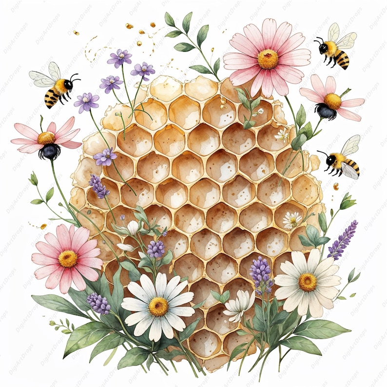 Honeycomb Clipart, Floral Bee Jpgs, Vintage Honey Art, Spring Flowers ...
